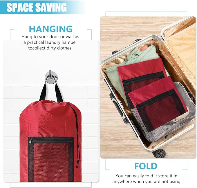 Portable Laundry Bag Backpack with Adjustable Straps, Drawstring Closure & Mesh Pocket - Perfect for College, Apartments, Camping (Red)