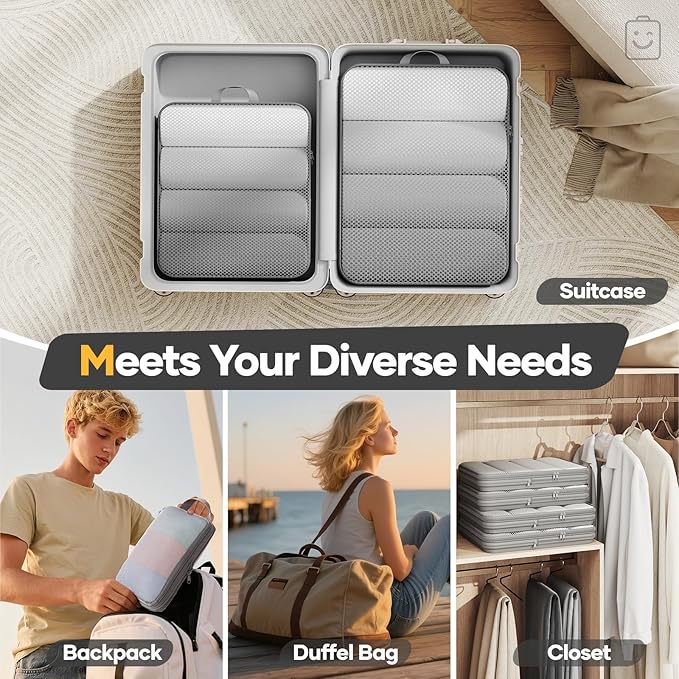 Veken 6/9/11 Set Compression Packing Cubes for Travel Essentials,Compressible Expandable Large Luggage Suitcase Organizer Bags for Clothing,Durable Space Saver Storage Bags(Gray)