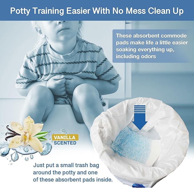 Commode Absorbent Pads for Bedside Commode Liners - 100 Vanilla Scented Pads for Portable Toilet Bags, Bedside Toilet Liners, Potty Bags for Portable Toilet, Potty Chair Liners - No More Dirty Works