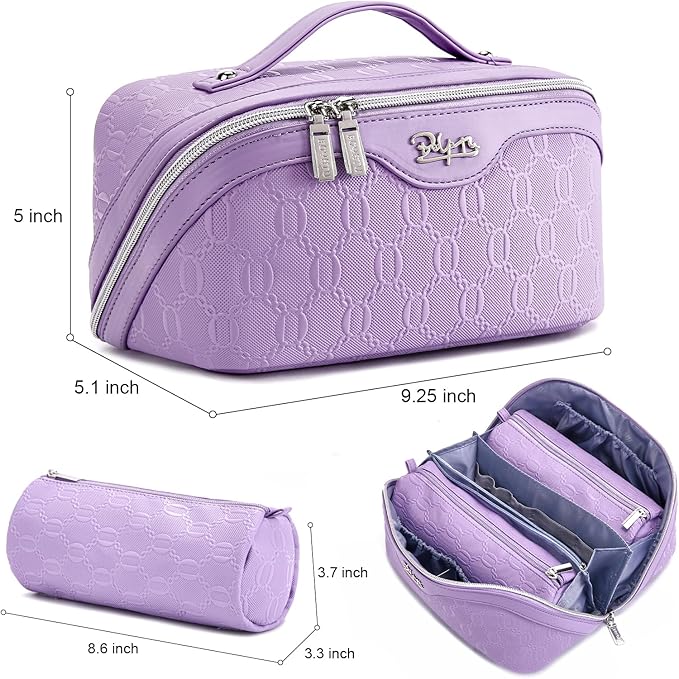 BOYATU Travel Makeup Bag for Women: Cosmetic Organizer Bag with Compartments - Leather Make up Bags Set of 3 (Purple)