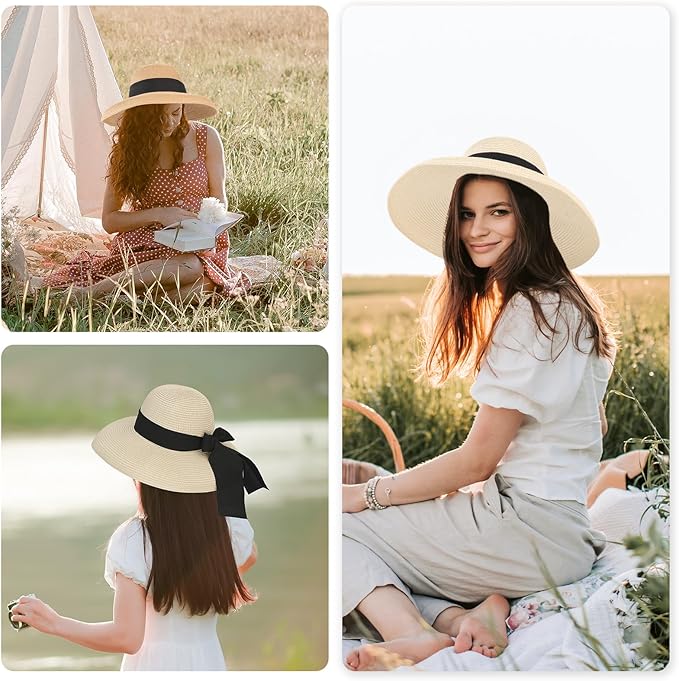 Surblue Straw Summer Hat Women's Floppy Sun Hat Wide Brim Beach Bow Hat