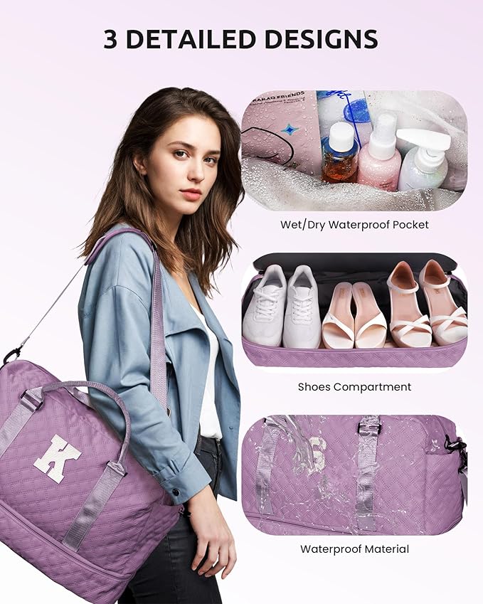 Personalized Gifts-Girls Duffle Bag with Shoe Compartment, Personalized Weekender Bag, Monogram Overnight Bag, Letter Travel Bag with Makeup Bag,Birthday Gift For Women Girl (Letter L)