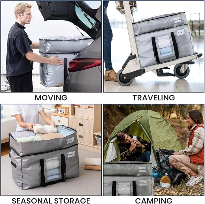TAILI 2 Tier Extra Large Moving Bags, 2 Pack Silver Heavy Duty Totes For Storage with Visible Window, Wrap Around Handles, Storage Bags for Space Saving, Alternative to Moving Boxes