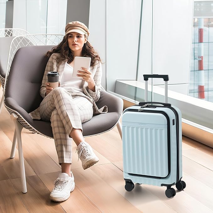 Merax Luggage Sets Front Opening, 2 Piece Hardshell Suitcase with Spinner Wheels and Bags,Lightweight Carry on Luggage with USB Port,20+24,Light Blue