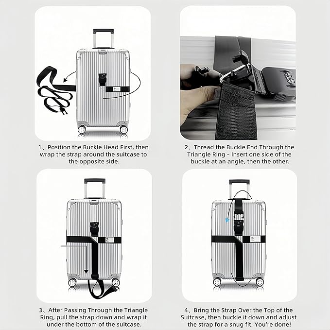 2-Pack Adjustable Luggage Straps for Suitcases – 2-Inch Wide Cross Travel Belt for 20"-32" Carry-On, Large & Collapsible Luggage – Durable Seatbelt Material, Suitcase Belts & Connector Straps (Black)