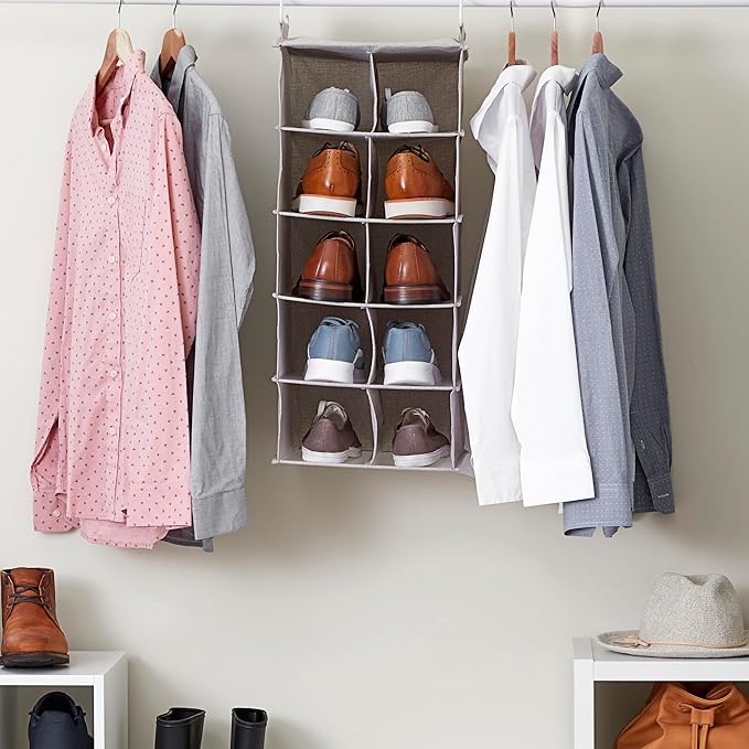 Household Essentials 10-Pocket Hanging Shoe Organizer, Side-by-Side Blended Canvas Storage, 2 Hooks for Excellent Support, The Perfect Space-Saving Organizer