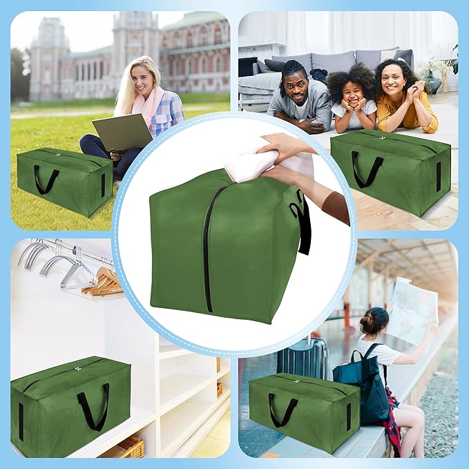 12 Pack Large Strong Moving Bags with Zippers & Carrying Handles - Water-Resistant - Heavy Duty Storage Tote for Space Saving, Fold Flat, Alternative to Moving Box (Olive Green)