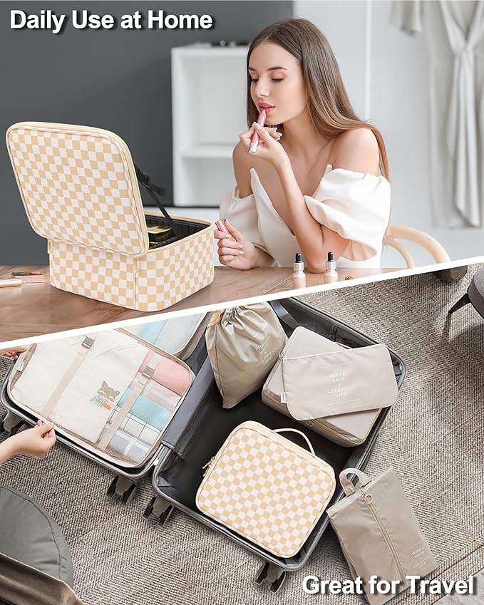Chomeiu Makeup Bag with LED Mirror, Travel Makeup Case for Women and Makeup Artists Cosmetic Organizer Large Make Up Bags with Light Up Mirror, 3 Color Lights, Adjustable Dividers, Light Checkerboard