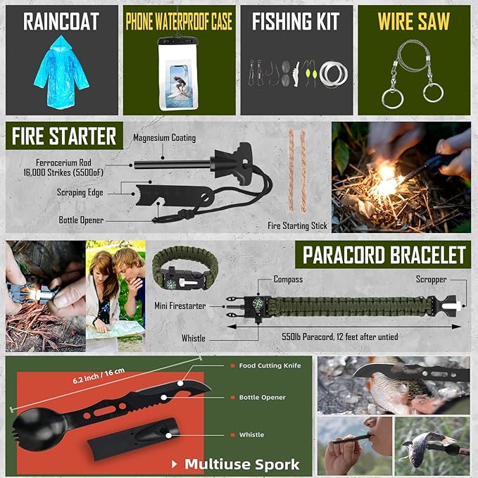 Survival Kit, 268 Pcs Emergency Survival Gear and Equipment Supplies with First Aid Kit, Camping Axe, Headlamp, Tent, Crossbody Bag for Camping Hiking, Hunting, Car, Gift for Christmas Men, Dads, Him