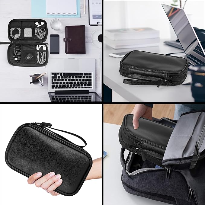 Leather Travel Electronic Organizer - Double Layer, Waterproof Case for Cables, Chargers, Phones & More - Portable, Shockproof Pouch for All Your Electronics Accessories (Black, M)