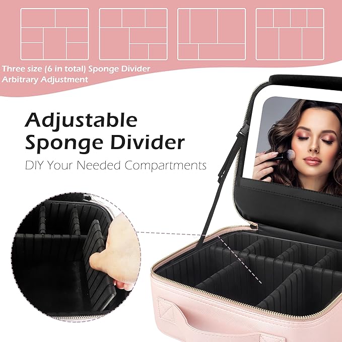 MOMIRA Travel Makeup Bag Cosmetic Bag with Lighted Mirror, Adjustable Brightness in 3 Color Scenarios, Waterproof, 10x Magnifying Mirror, Rotatable Independent Light Mirror- Phosphor(Solid)