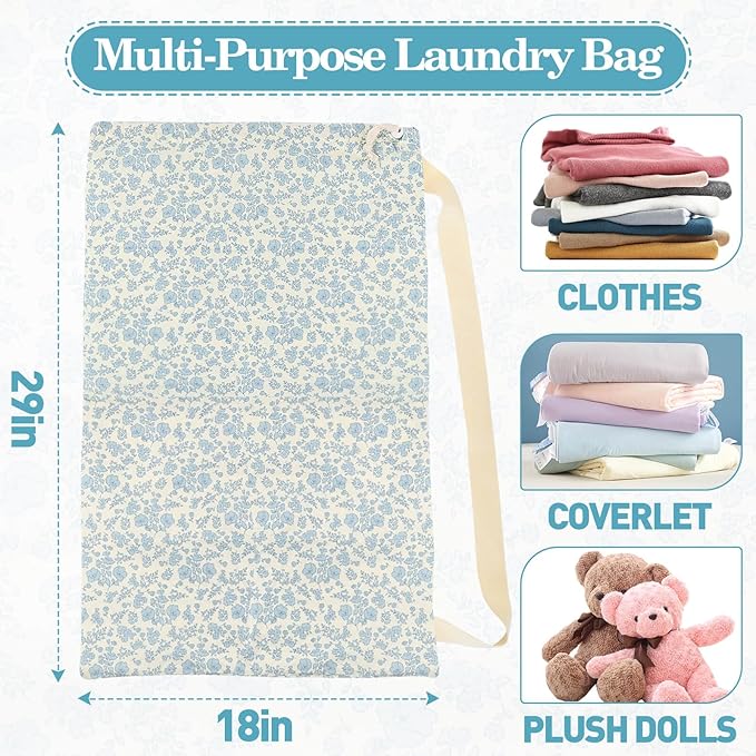 College Laundry Bag, Dirty Clothes Laundry Bag With Drawstring Handles For College Dorm Laundromat Apartment Travel Camp 29" X 18" Women Girls Back To School Birthdays Gift, Blue Florals