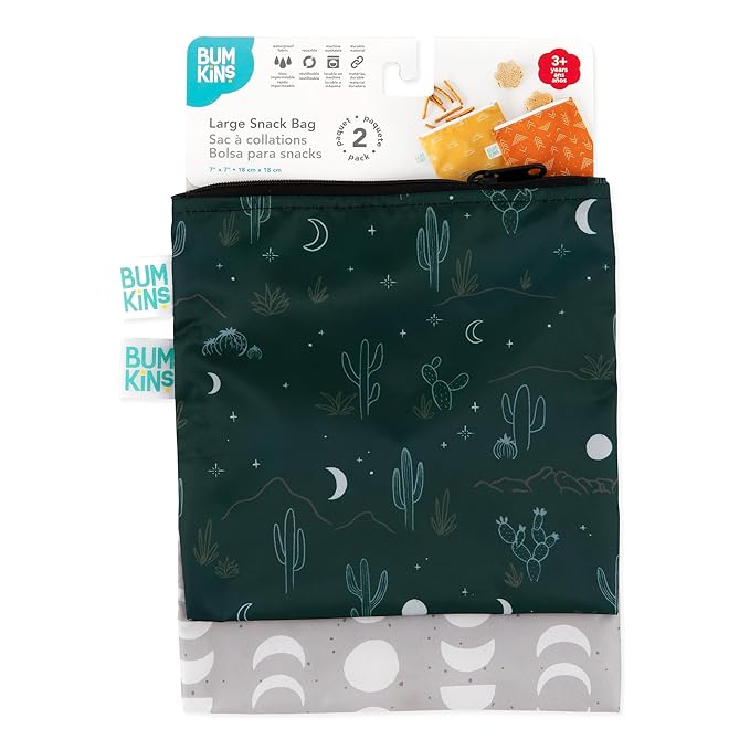 Bumkins Reusable Sandwich and Snack Bags, for Kids School Lunch and Adults Portion, Washable Fabric, Waterproof Cloth Zip Bag, Travel Pouch, Food-Safe Storage, Large 2-pk Desert Dk. Green and Gray