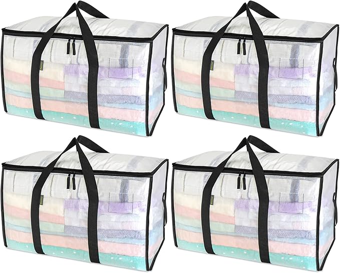 BALEINE 4-Pack Oversized Moving Bags with Reinforced Handles, Heavy-Duty Storage Tote for Clothes, Moving Supplies (Clear, 4-Pack)