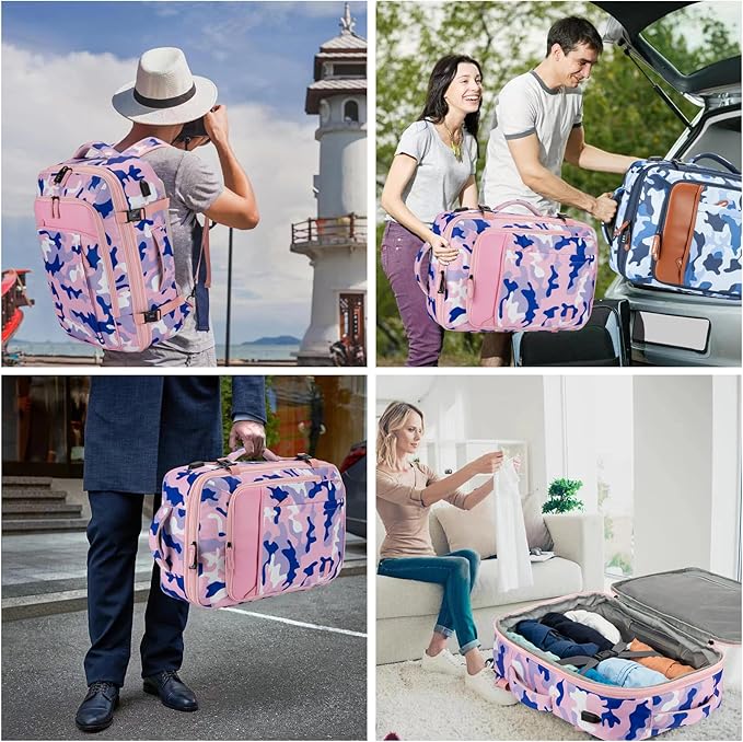 Travel Backpack 42L Carry on Backpack Flight Approved Expandable Travel Backpack Carry on Backpack Luggage Daypack (Pink Camouflage)
