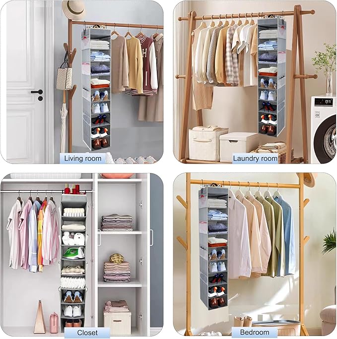 Large-Sized Hanging Shoe Organizer 10-Shelf, Sturdy Hanging Closet Organizer with 8 Side Pockets, Wider Hanging Shelves for Storage Shoes Clothes Jeans Shirts Toys, Grey