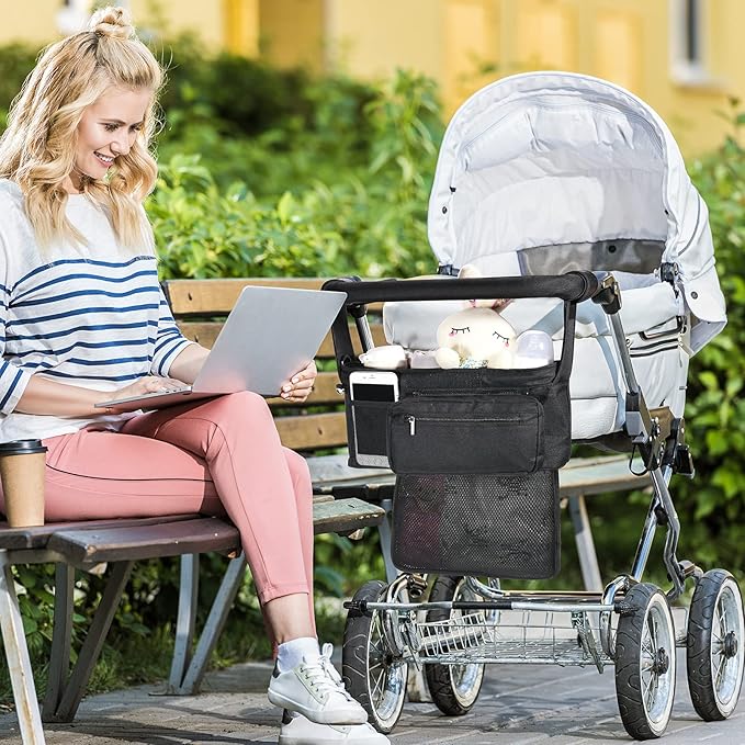 Momcozy Universal Stroller Organizer with Insulated Cup Holder Detachable Phone Bag & Shoulder Strap, Fits for Stroller like Uppababy, Baby Jogger, Britax, BOB, Umbrella and Pet Stroller