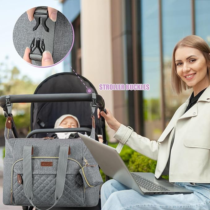 Tuwubi Diaper Bag Tote,Baby Diaper Bag with Pacifier Case Large Travel Diaper Tote Caddy for Mom and Dad Multifunction Large Baby Bag - M-Light Grey