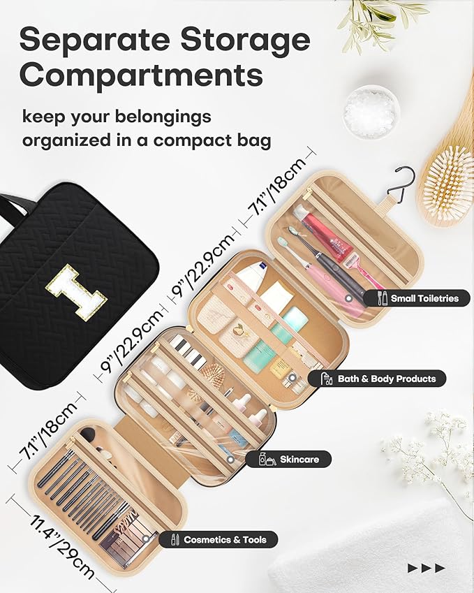 HOTOR Travel Toiletry Bag - Personalized Chenille Initial Makeup Bag, Water-Resistant Personalized Gifts for Women, Portable Travel Accessories & Essentials, Letter I, Black, 11.4"×9.0"×3.35"
