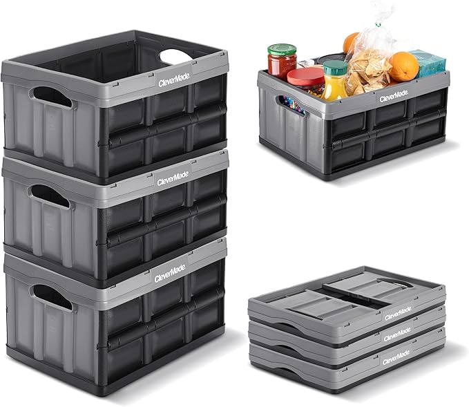 CleverMade Collapsible Storage Bins - Ocean 3 Pack 32L / 8 Gal holds 66 lbs - Stackable Containers Heavy Duty Capacity Folding Crates Space-Saving