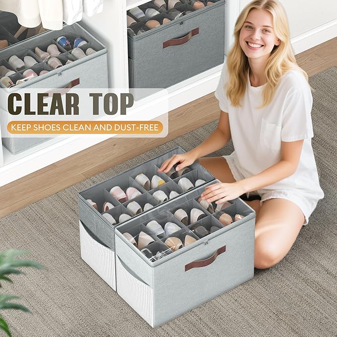 Budding Joy 2 Pack Shoe Organizer for Closet, Clear Foldable Shoe Storage Containers Adjustable Dividers Fits 16 Pairs,Shoe Storage Bins Baskets Boxes with Reinforced Handles Light Grey Greenish Grey