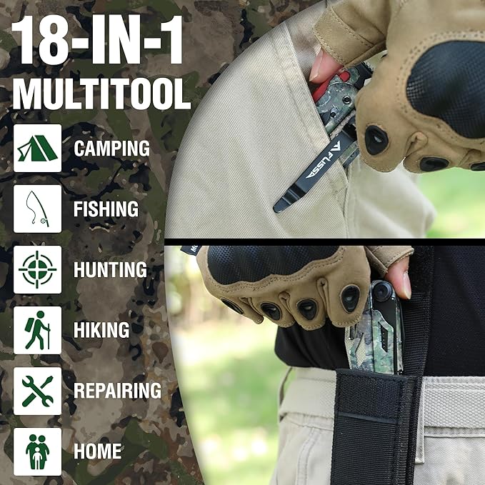 FLISSA Multitool, 18 in 1 Camo Multitool Pliers with Fire Starter, Window Breaker, Whistle, Stainless Steel EDC Gear with Sheath - Perfect for Survival, Simple Repair, Outdoor, Camping
