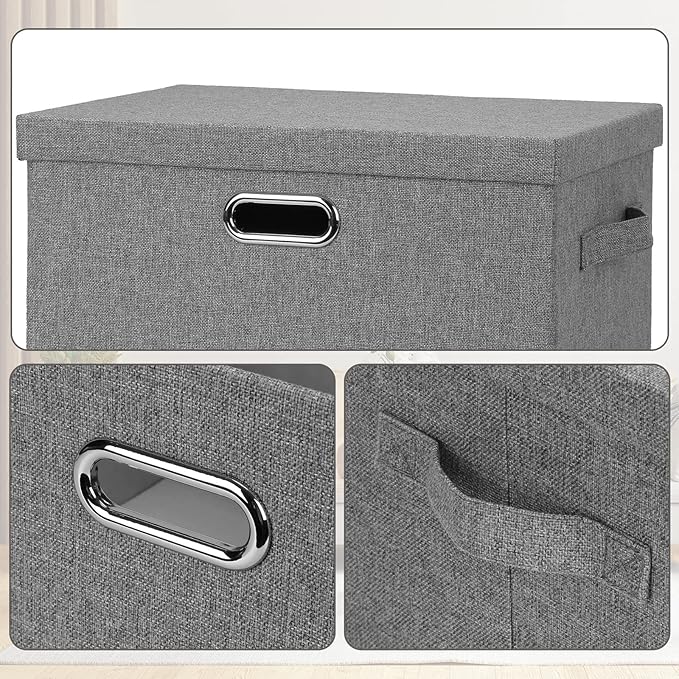 Large 17" 36 Quart Collapsible Stackable Storage Bins with Lids, 1 Pack Grey Foldable Fabric Closet Storage Boxes with Lids, 4 Handles Heavy-duty Linen Cube Baskets for Bedroom