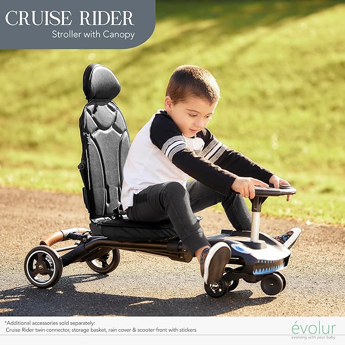 Evolur Cruise Rider Stroller with Canopy, Lightweight Umbrella Stroller with Compact Fold, Easy to Carry Travel Stroller - Noir Black