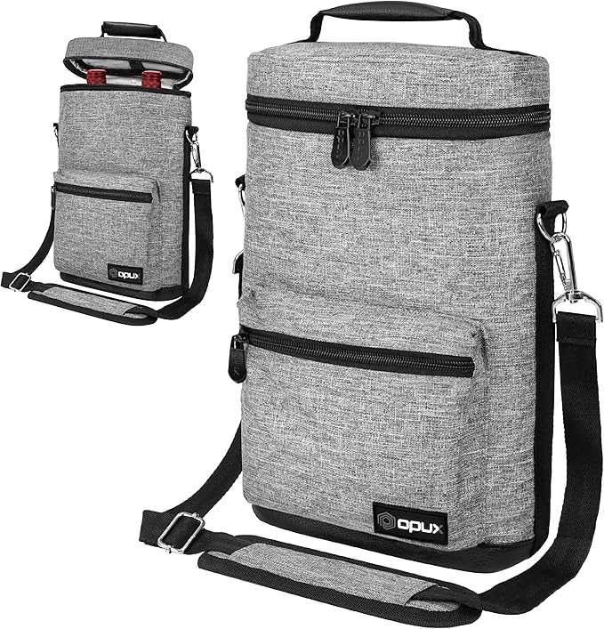 opux Wine Bag 2 Bottle Wine Tote Carrier, Insulated Wine Cooler Bag for Travel Picnic, Leakproof Portable Padded Case, Wine Gifts For Women Men Wine Lovers Christmas, Heather Gray