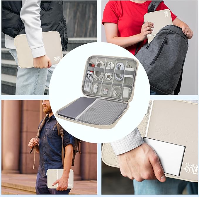 Electronics Organizer,Travel Cord Organizer Pouch, Portable Cable Organizer Bags, Waterproof Electronic Accessories Storage Case for Cables, Cords, Charger, Phone (Single Layer-Large-Beige)
