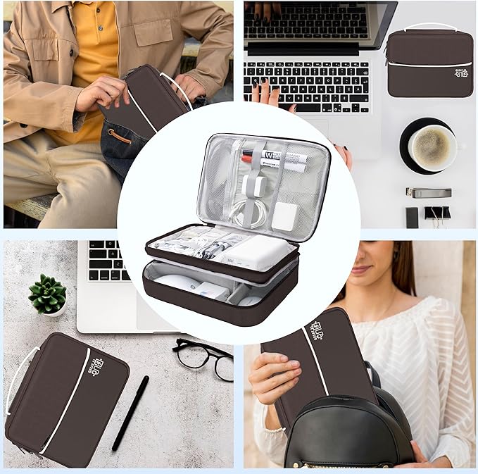 Electronics Organizer,Travel Cord Organizer Pouch, Portable Cable Organizer Bags, Waterproof Electronic Accessories Storage Case for Cables, Cords, Charger, Phone (Three Layer-Brown)