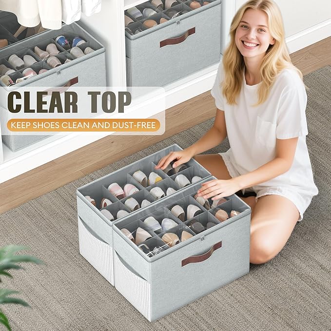 Budding Joy 2 Pack Shoe Organizer for Closet, Clear Foldable Shoe Storage Containers Adjustable Dividers Fits 16 Pairs,Shoe Storage Bins Baskets Boxes with Reinforced Handles Light grey