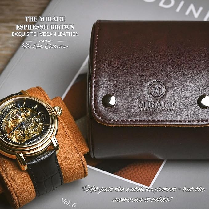 Single Watch Case Travel Box - Watch Travel Case for Men – Single Watch Roll - Espresso Brown Swiss Motif Vegan Leather