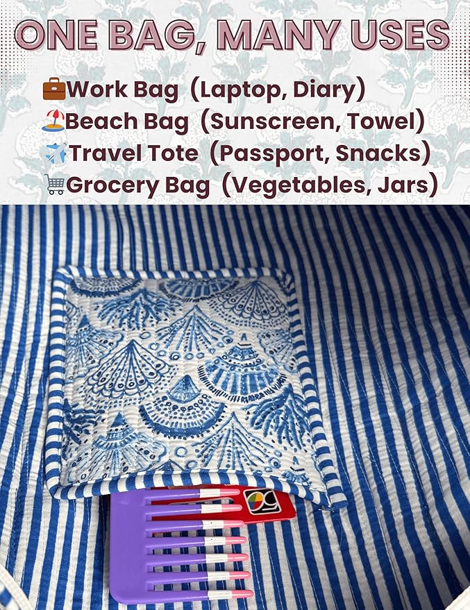Cotton Quilted Tote Bag for Women – Large Beach & Travel Tote with Zipper, Reusable Grocery Bag