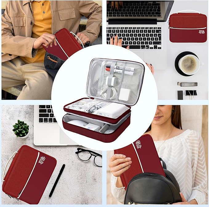 Electronics Organizer,Travel Cord Organizer Pouch, Portable Cable Organizer Bags, Waterproof Electronic Accessories Storage Case for Cables, Cords, Charger, Phone (Three Layer-Winered)