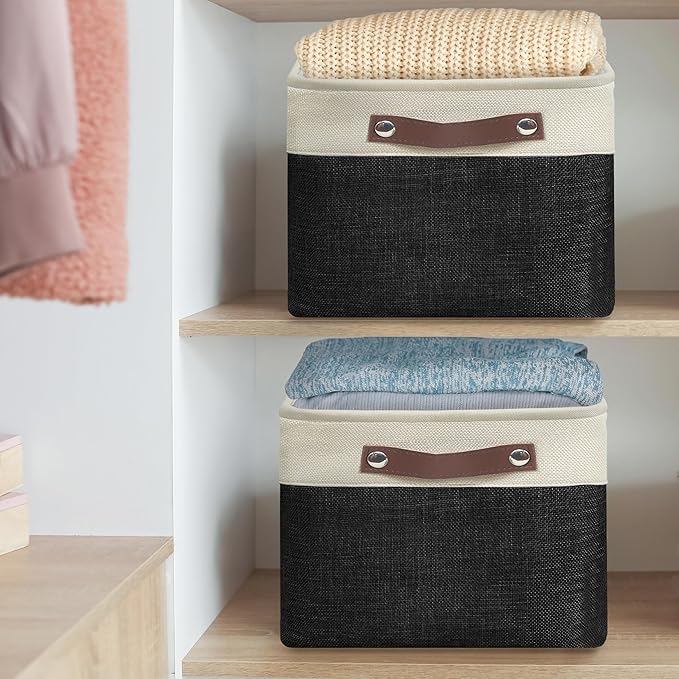SIMPLE HOUSEWARE Large Fabric Storage Bin, 15" x 11" with Leather Like Handles, 3 Pack, Black