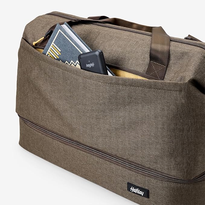 Halfday Double Decker Weekender Bag 40L | Designed for Easy Packing & Storage (Padded Strap, Zippered Bottom Compartment, Interior Mesh Pockets, Trolley Sleeve, Water-Resistant Fabric), Dune