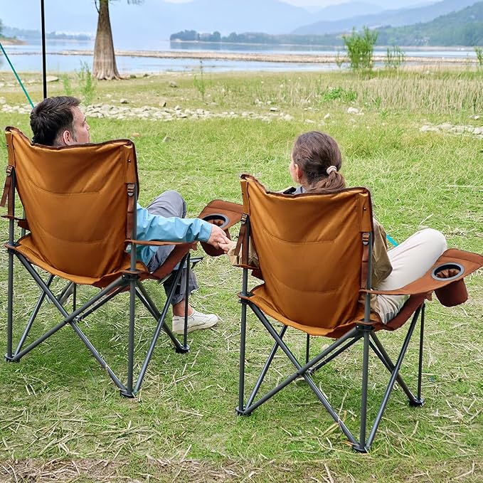 TIMBER RIDGE Oversized Folding Camping Chair for Adults, Support 550 LBS Heavy Duty with Cup Holder Side Pocket for Camp, Lawn, Picnic, Oange, 2 Pack