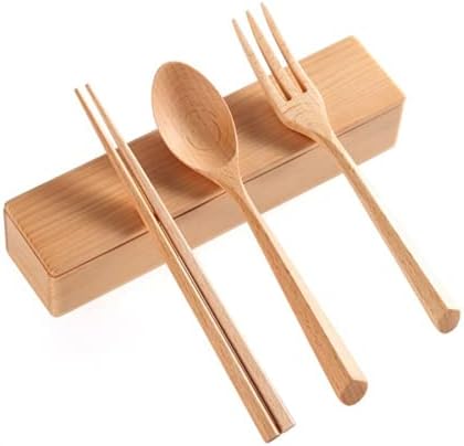 Sanrich Wood Cutlery Set Chopsticks Spoon Fork Kit with Case School Office Lunch Reusable Tableware Camping Flatware Dinnerware Travel Utensils