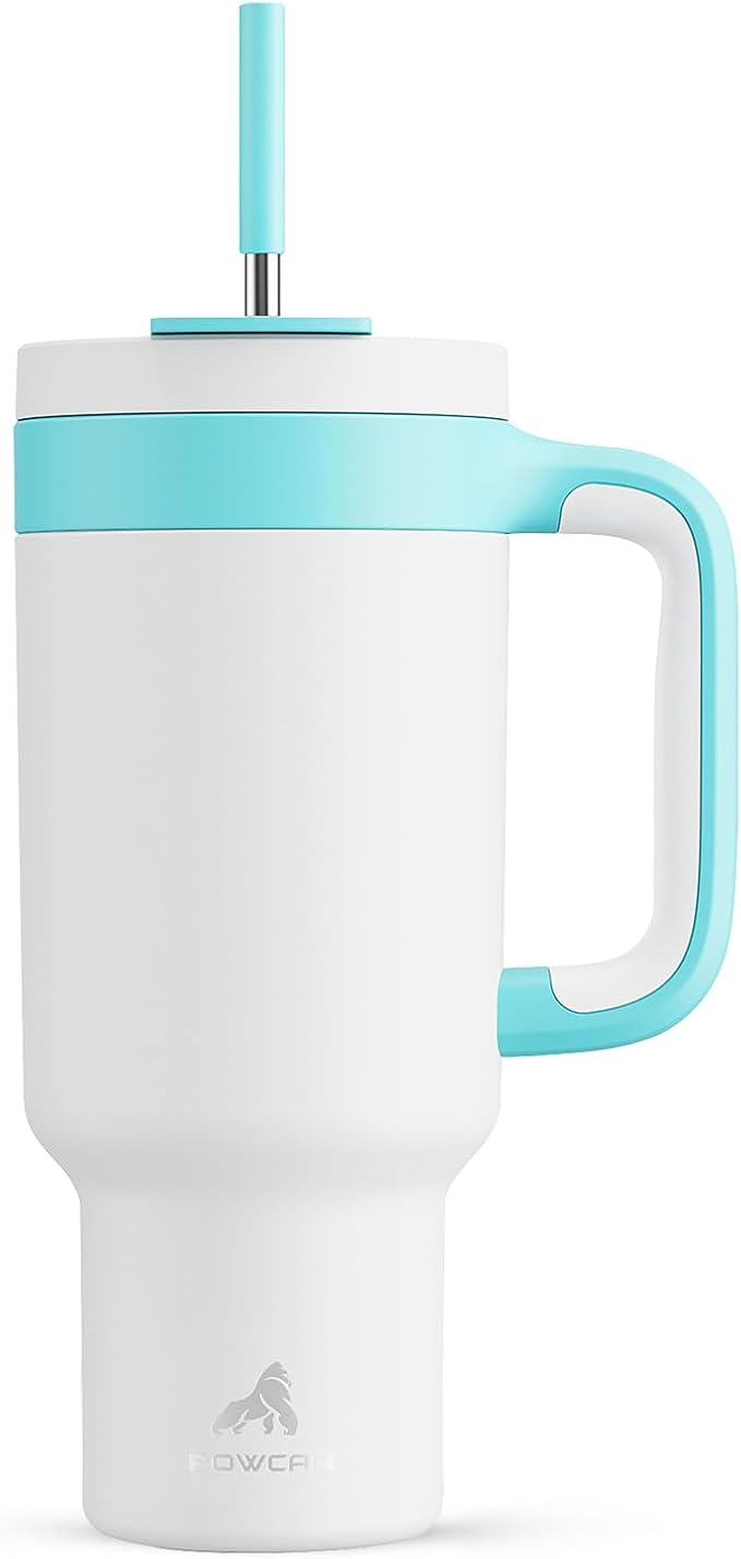 POWCAN 40 oz Tumbler with Handle, 2-in-1 Straw and Sip Lid, Leakproof, Dishwasher Safe, Insulated Stainless Steel Travel Coffee Mug, Keeps Cold for 34 Hours, Fits in Car Cup Holder (Glacier)