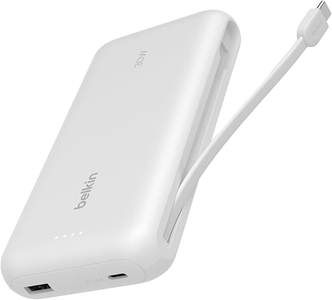 Belkin Portable Charger, Power Bank with Integrated Cable 20000 mAh 30W - Fast Charging USB C Power Delivery, iPhone Charger - iPhone 16 Series, iPad Pro, Galaxy S25 Series, & More - White
