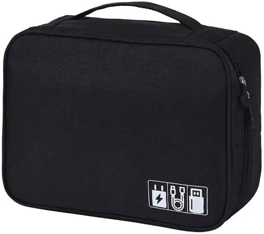 Cable Organizer bag for women or men,Electronic Accessories Carry Case Portable Waterproof Double Layers All-in-One Storage Bag for Cord, Charger, Phone, Earphone (Black)