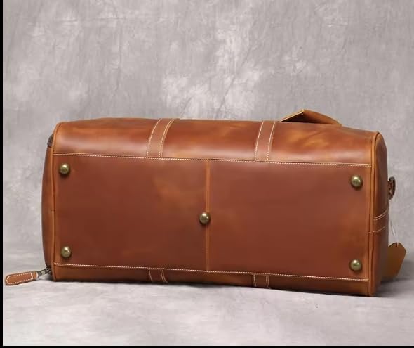 Mullis Mercantile Leather Weekender Bag, an ideal men's classic. Perfect for overnight stays, full-grain leather, a retro design, gym, and a YKK zipper, brown. (22 inch Vintage Leather Duffle)