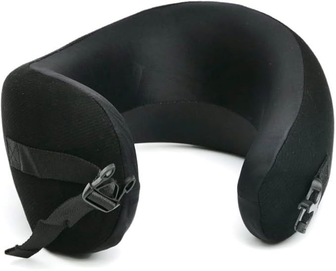 C CUSHION LAB Extra Support Travel Pillow, Award-Winning Patented Ergonomic Design for Chin & Neck Support Memory Foam Neck Pillow, Compact Airplane Pillow for Traveling, Flight, Car (Black, Medium)