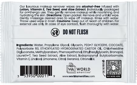 World Amenities - Bulk Makeup Remover Wipes | 50 Count | Individually Wrapped, Gentle Cleansing, Alcohol Free - All Skin Types - Vitamin E - 100% Recyclable, Hotel Travel Size Toiletries