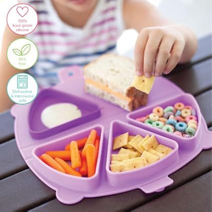 On-The-Go Snack Mat – Baby Silicone Travel Dining Placemat – Portable Silicone Toddler Plate – Reusable Snack Container with 3 Compartments and Lids for 6 Months + (Plum)