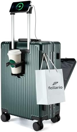 feilario 20in Aluminium Frame PC Hard Shell Spinner Wheels Luggage, Built-In TSA lock Carry on Suitcase, with Cup Holder, USB Port, Phone Holder