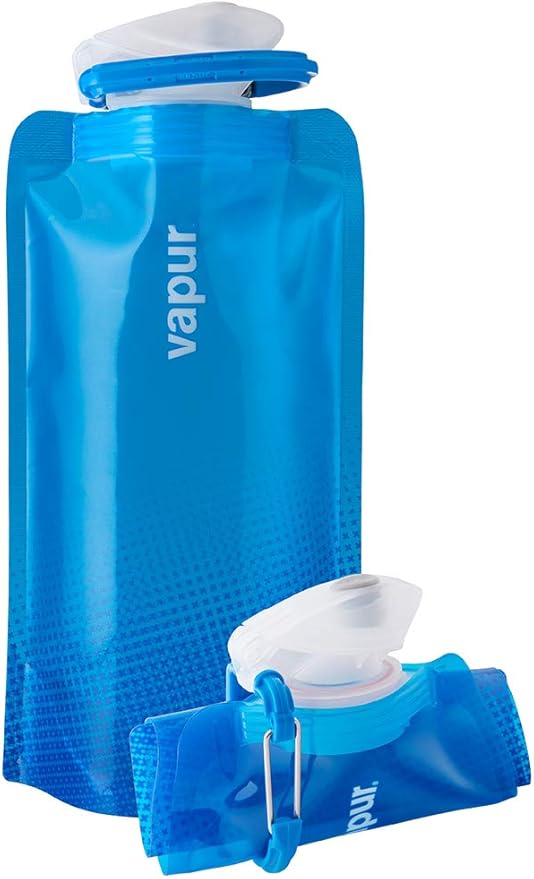 Vapur Collapsible Water Bottle With Carabiner, Compact Bottle Folds Flat For Hydration On The Go, Ideal for Traveling, Hiking or Camping, 16 Ounce, Cyan Blue, Pack of 1