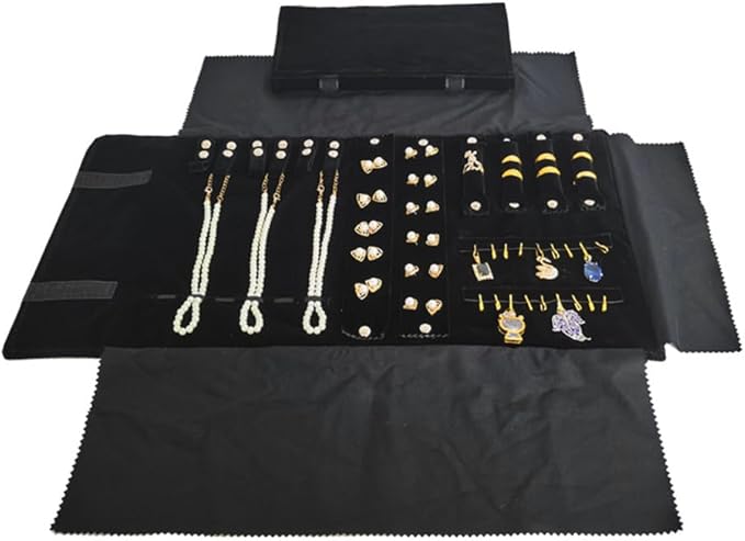 Velvet Travel Jewelry Case Roll Bag Organizer for Necklace Bracelet Earrings Ring (Black) (Black（6+2+4+2)