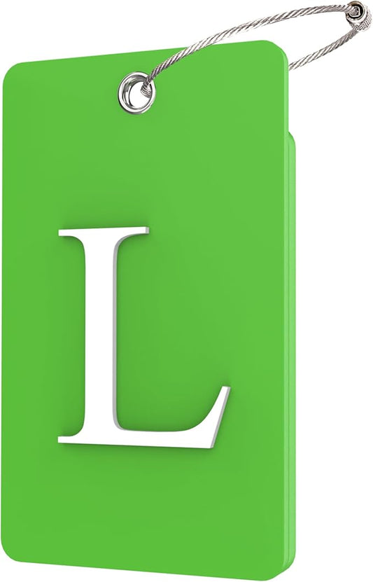 Gostwo 2 Pack Luggage Tags for Suitcases, 26 Initial Letter Travel Luggage Baggage Identification Labels ID Tag Fully Bendable Tags with Stainless Steel Loop (Green) (Letter L)
